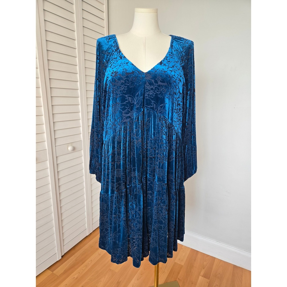 Taylor Blue Black Burnout Velvet Babydoll Dress 16W Boho Gothic Romantic Cottage